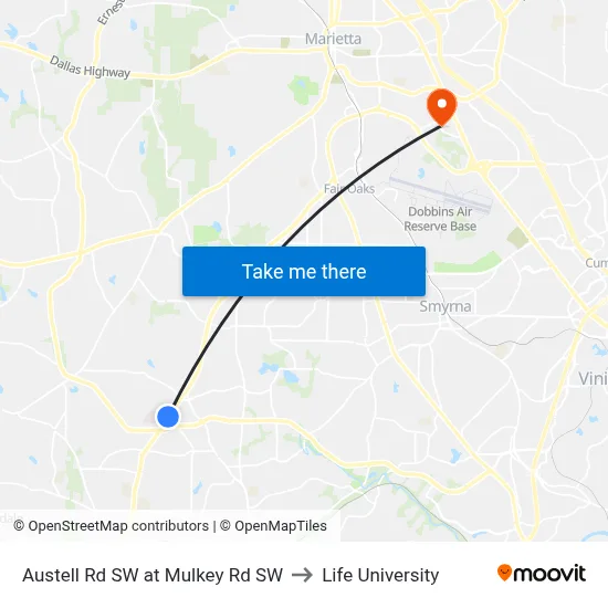 Austell Rd SW at Mulkey Rd SW to Life University map
