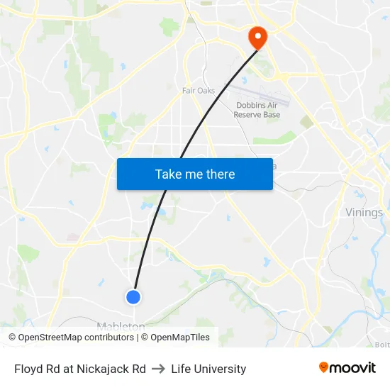 Floyd Rd at Nickajack Rd to Life University map