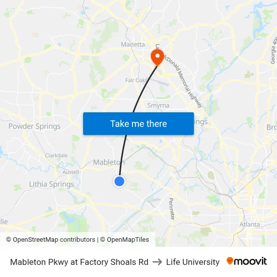 Mableton Pkwy at Factory Shoals Rd to Life University map