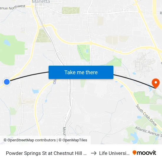 Powder Springs St at Chestnut Hill Rd to Life University map
