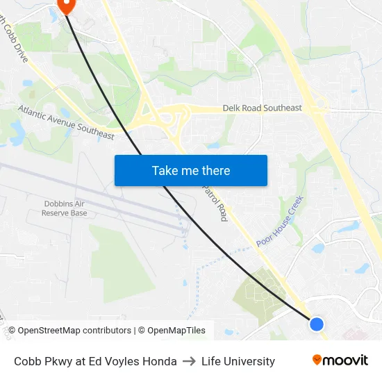 Cobb Pkwy at Ed Voyles Honda to Life University map