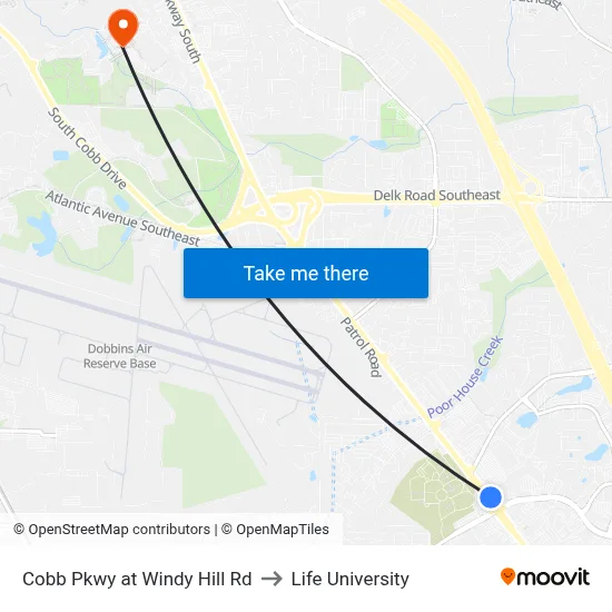Cobb Pkwy at Windy Hill Rd to Life University map