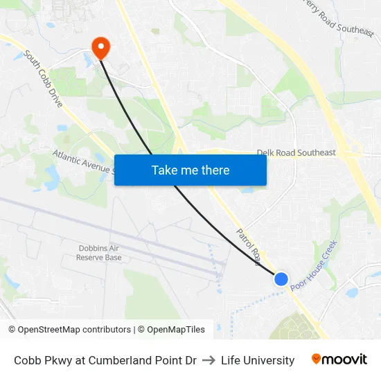 Cobb Pkwy at Cumberland Point Dr to Life University map