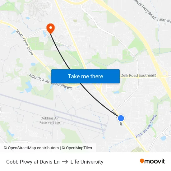 Cobb Pkwy at Davis Ln to Life University map