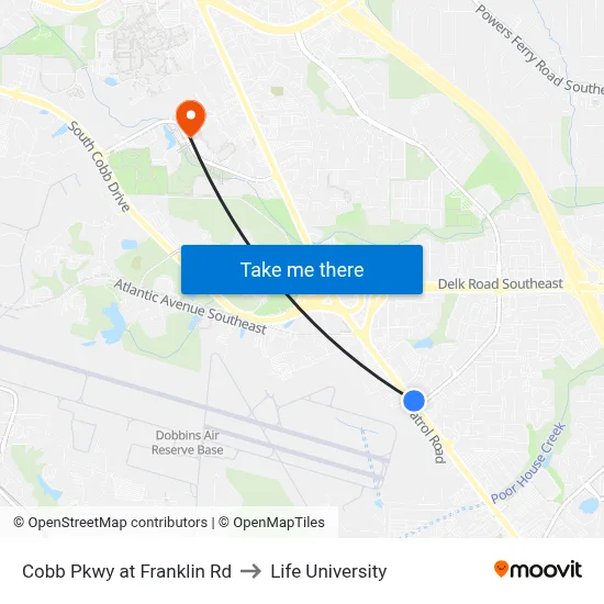 Cobb Pkwy at Franklin Rd to Life University map