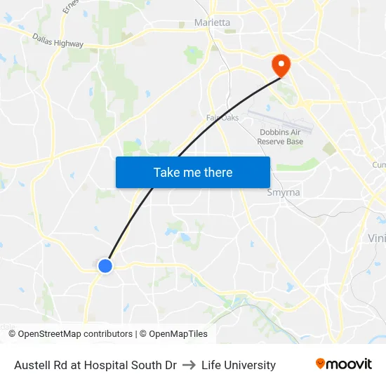 Austell Rd at Hospital South Dr to Life University map