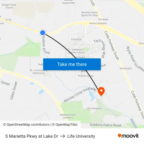 S Marietta Pkwy at Lake Dr to Life University map