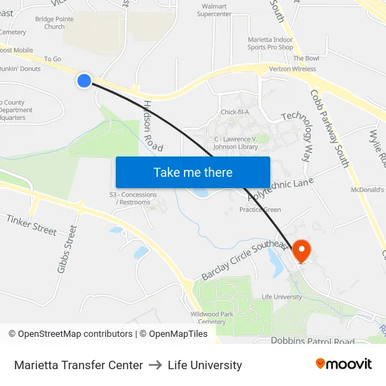 Marietta Transfer Center to Life University map