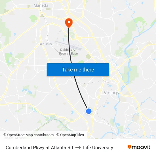 Cumberland Pkwy at Atlanta Rd to Life University map