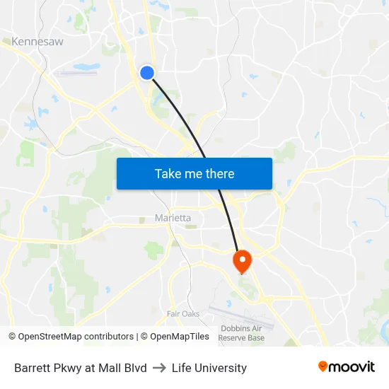 Barrett Pkwy at Mall Blvd to Life University map