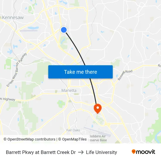 Barrett Pkwy at Barrett Creek Dr to Life University map