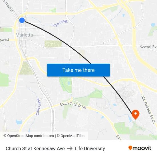 Church St at Kennesaw Ave to Life University map