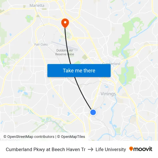 Cumberland Pkwy at Beech Haven Tr to Life University map