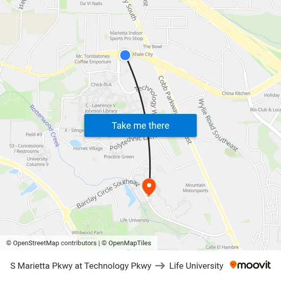 S Marietta Pkwy at Technology Pkwy to Life University map