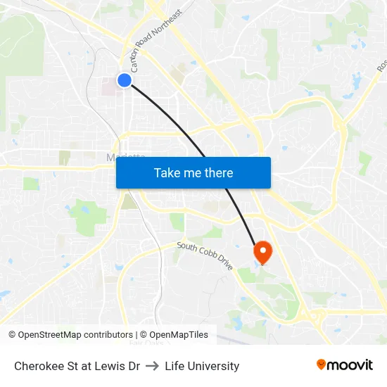 Cherokee St at Lewis Dr to Life University map
