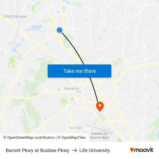 Barrett Pkwy at Busbee Pkwy to Life University map