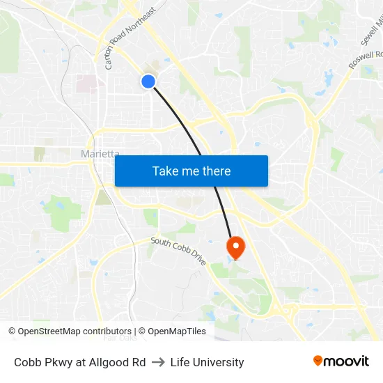 Cobb Pkwy at Allgood Rd to Life University map