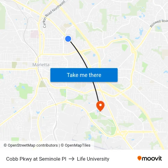 Cobb Pkwy at Seminole Pl to Life University map