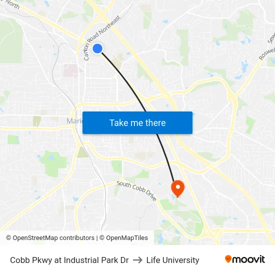 Cobb Pkwy at Industrial Park Dr to Life University map