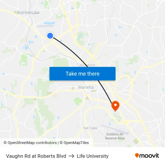 Vaughn Rd at Roberts Blvd to Life University map
