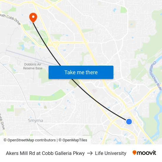 Akers Mill Rd at Cobb Galleria Pkwy to Life University map