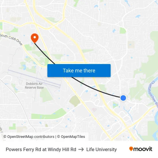 Powers Ferry Rd at Windy Hill Rd to Life University map