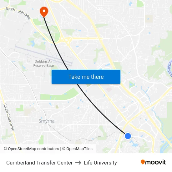 Cumberland Transfer Center to Life University map