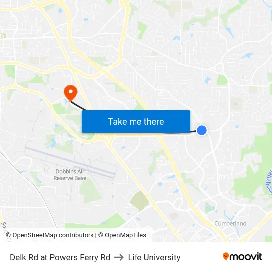 Delk Rd at Powers Ferry Rd to Life University map