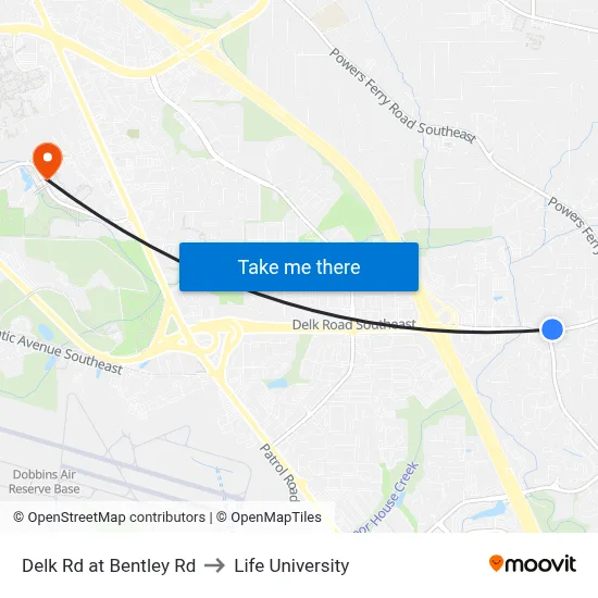 Delk Rd at Bentley Rd to Life University map