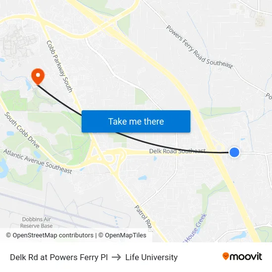 Delk Rd at Powers Ferry Pl to Life University map
