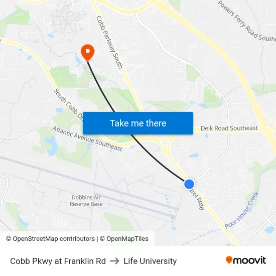 Cobb Pkwy at Franklin Rd to Life University map