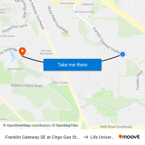 Franklin Gateway SE at Citgo Gas Station to Life University map