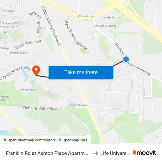 Franklin Rd at Ashton Place Apartments to Life University map