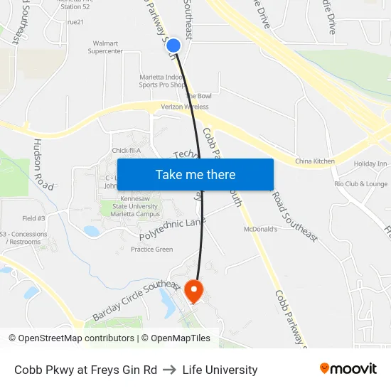 Cobb Pkwy at Freys Gin Rd to Life University map