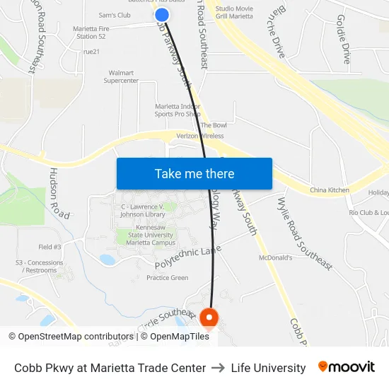 Cobb Pkwy at Marietta Trade Center to Life University map