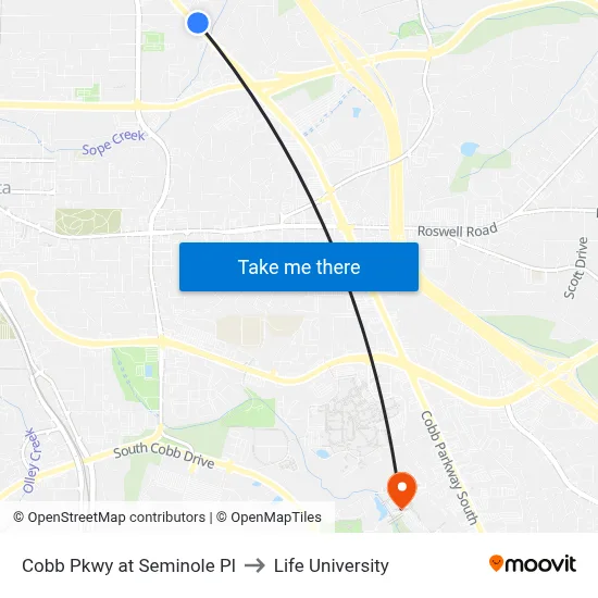 Cobb Pkwy at Seminole Pl to Life University map