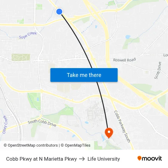 Cobb Pkwy at N Marietta Pkwy to Life University map