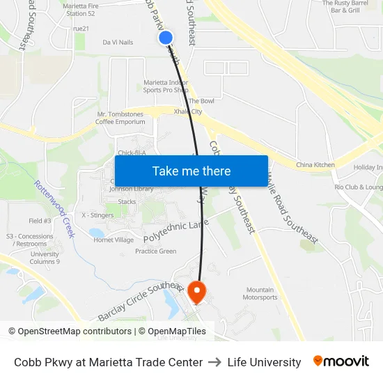 Cobb Pkwy at Marietta Trade Center to Life University map