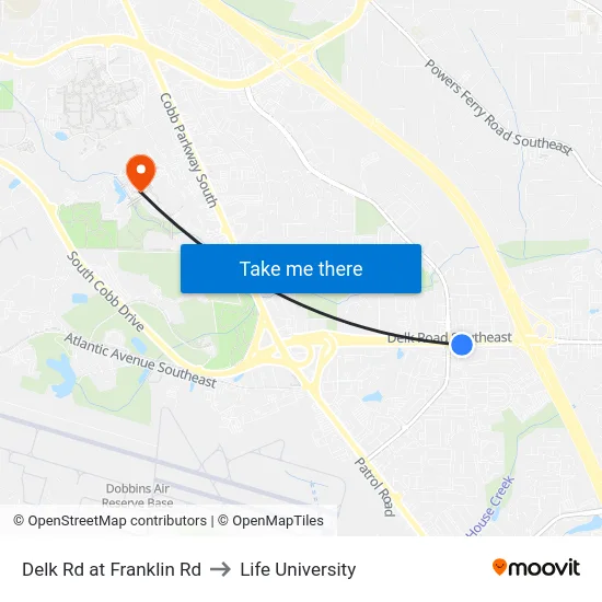 Delk Rd at Franklin Rd to Life University map
