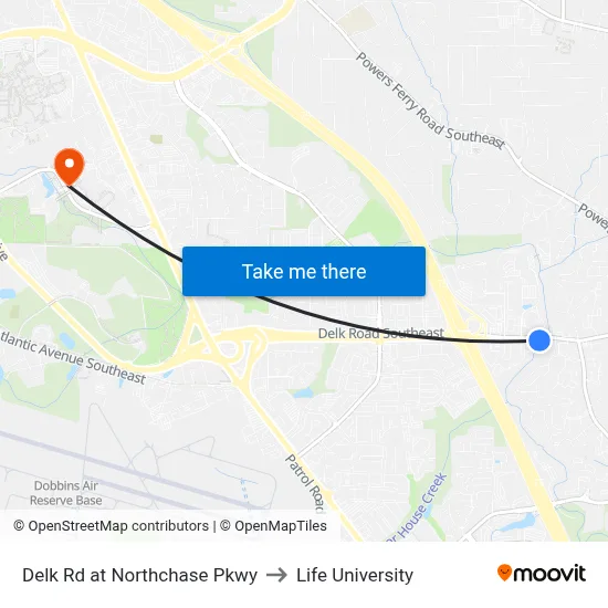 Delk Rd at Northchase Pkwy to Life University map