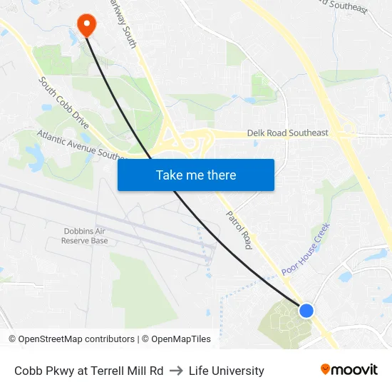 Cobb Pkwy at Terrell Mill Rd to Life University map