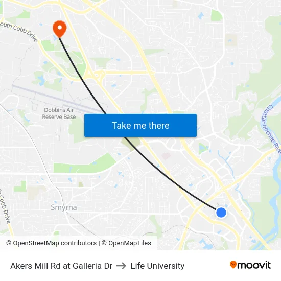 Akers Mill Rd at Galleria Dr to Life University map