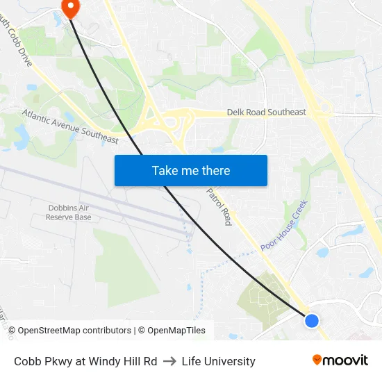 Cobb Pkwy at Windy Hill Rd to Life University map