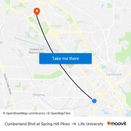 Cumberland Blvd at Spring Hill Pkwy to Life University map