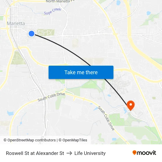Roswell St at Alexander St to Life University map