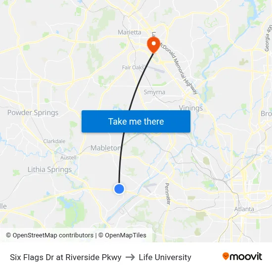 Six Flags Dr at Riverside Pkwy to Life University map