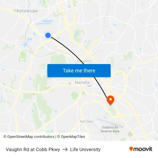 Vaughn Rd at Cobb Pkwy to Life University map