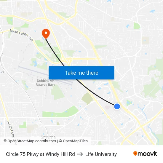 Circle 75 Pkwy at Windy Hill Rd to Life University map