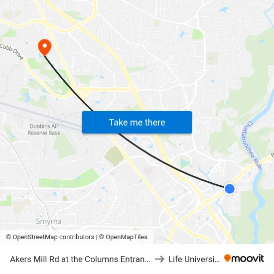Akers Mill Rd at the Columns Entrance to Life University map