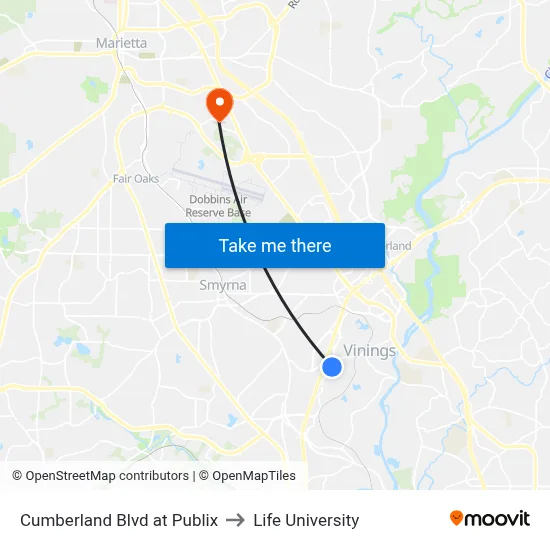 Cumberland Blvd at Publix to Life University map
